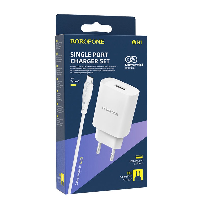 BOROFONE BN1 INNOVATIVE HÁLÓZATI TÖLTŐFEJ 2.1A + USB TYPE-C KÁBEL 1 MÉTER FEHÉR