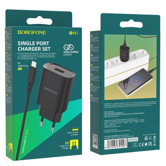 Borofone BN1 USB hálózati töltő adapter USB/Lightning kábellel, 2.1A, fekete