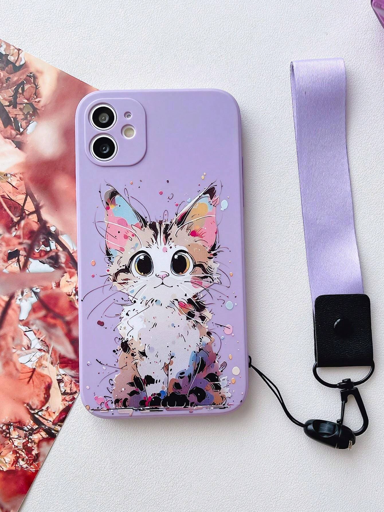 iPhone 14 Macskás lila szilikon tok csuklópánttal