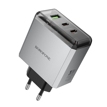 Borofone Hálózati Töltő BN22 Lena GaN - 2xType C + USB - QC 3.0 PD 65W szürke