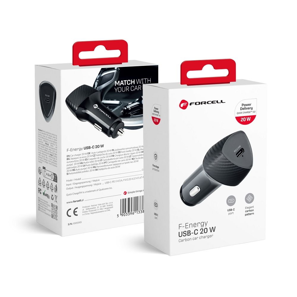 FORCELL F-ENERGY Carbon CC50-1C autós töltő Type C PD 3A 20W fekete