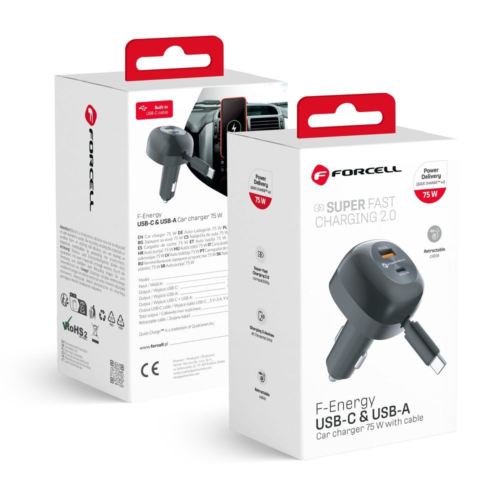 FORCELL F-ENERGY Alu autós töltő Type C + USB A PD QC4.0 SFC2.0 3A 75W fekete