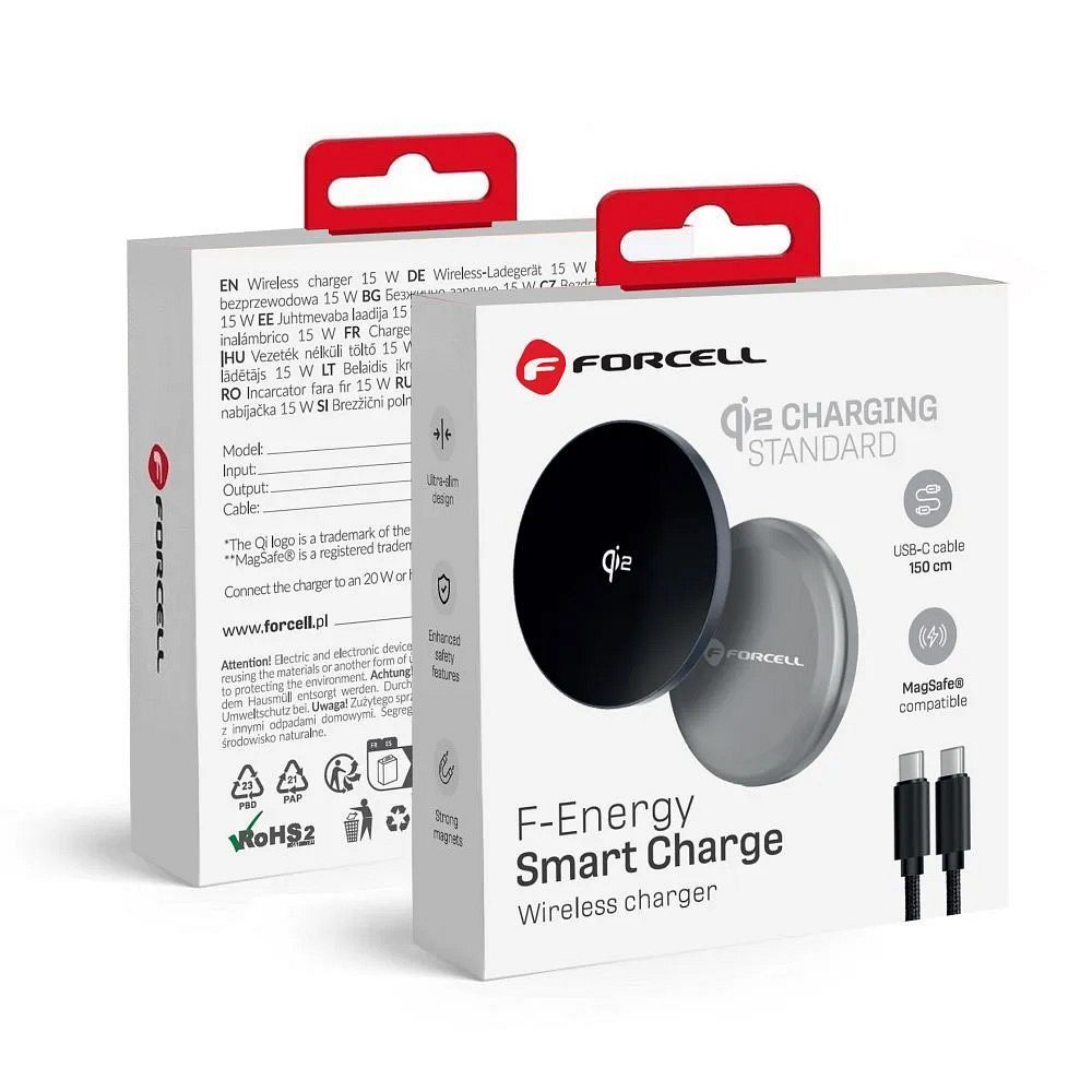 FORCELL F-ENERGY Smart Charge Qi2 15W vezetéknélküli töltő kábellel MagSafe ezüst