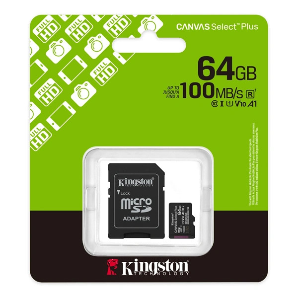 Kingston 64GB microSDXC Canvas Select Plus Gen3 Class 10 UHS-1 A1 V10 adapterrel