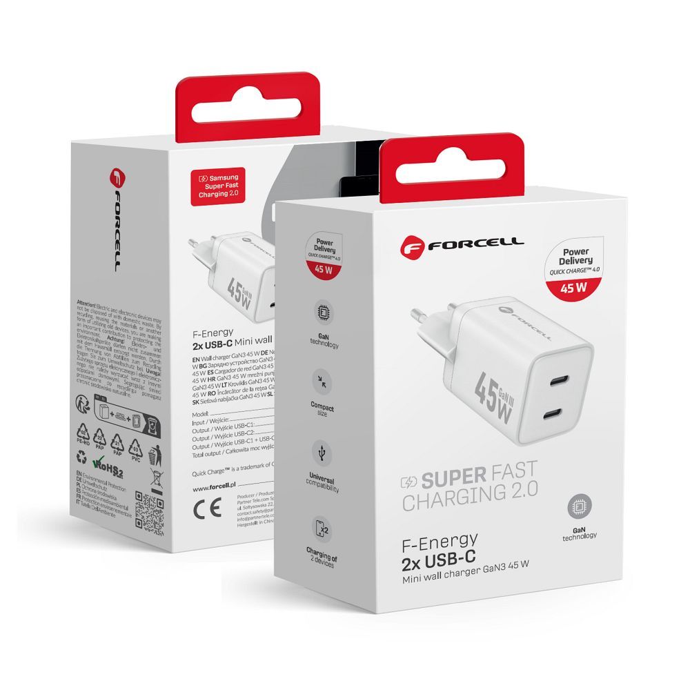 Hálózati töltő Forcell F-Energy Mini GaN III 2 x USB C PD QC4.0 45W VT-36B fehér