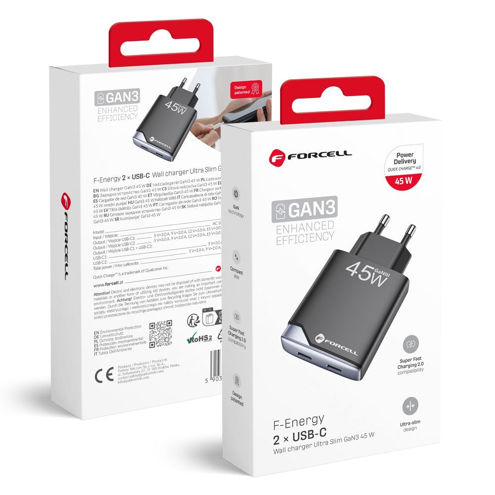Hálózati töltő Forcell F-Energy Ultra Slim GaN III 2 x USB C PD QC4.0 3A 45W B245201(2C) fekete