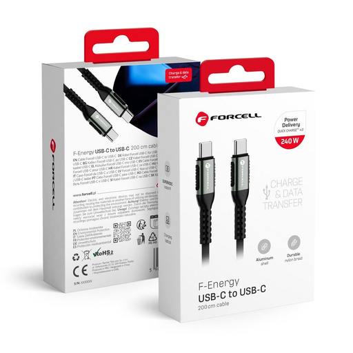 FORCELL F-ENERGY C260 kábel Type C to Type C QC4.0 PD 5A 100W Cafule 0,25 m fekete