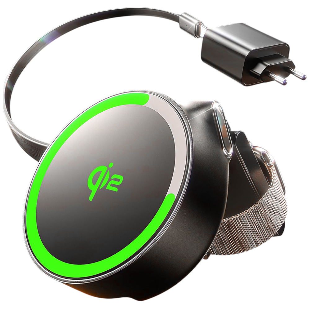 Lisen Wireless Charger W103 MagSafe, Gyors Töltés, 3 az 1-ben, Qi2, Visszahúzható Kábel, Összecsukható - Fekete
