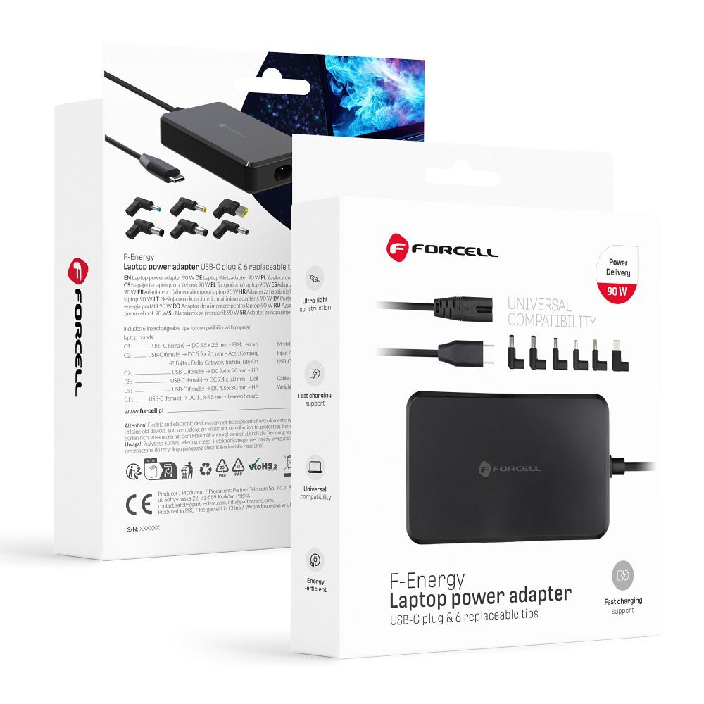 FORCELL F-ENERGY E856 univerzális laptop töltő 90W USB C + 6 adapter - fekete