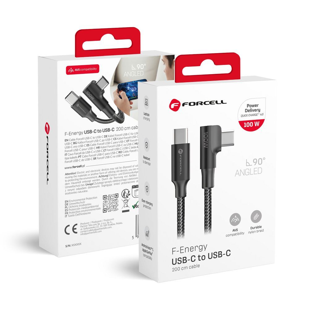 USB C Forcell F-Energy derékszögű kábel QC4.0 PD 5A 100W szövetes 90° 2m CC-1Deg fekete