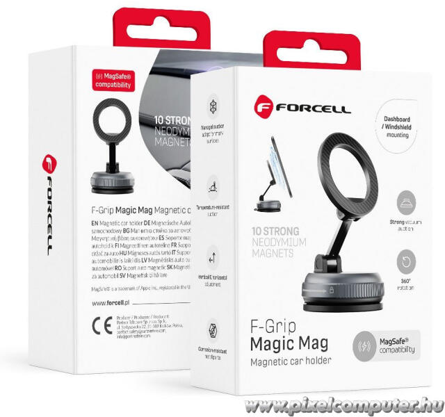 Fekete FORCELL Magic Mag mágneses, tapadókorongos autós tartó MagSafe-kompatibilitással