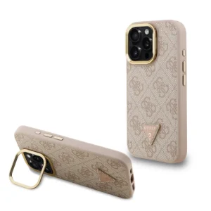 Guess PU 4G Strass Triangle Logo Stand Camera Frame MagSafe tok iPhone 15 Pro Max Pink