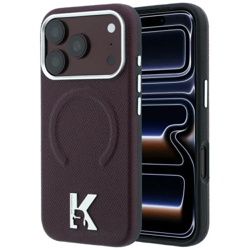 iPhone 18 Pro / 17 Pro bordó Karl Lagerfeld szemcsés mintázatú, dombornyomott gyűrűs és kámeólogós MagSafe hátlaptok