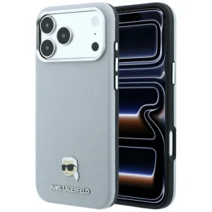 iPhone 18 Pro / 17 Pro hátlaptok – Karl Lagerfeld Grained Karl Head Metal MagSafe, szürke