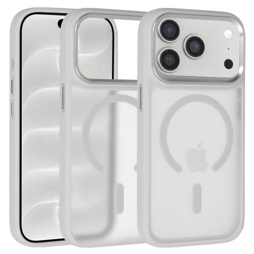 iPhone 17 Pro/ 18 Pro Szürke Liavec Cloudy tok fém kamerakerettel és kameravezérlő gombbal