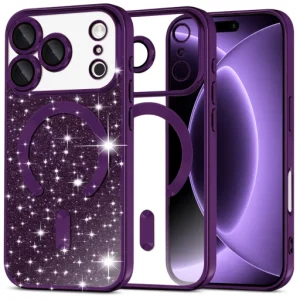 iPhone 18 Pro / iPhone 17 Pro sötétlila Techsuit Luxury Glitter MagSafe tok